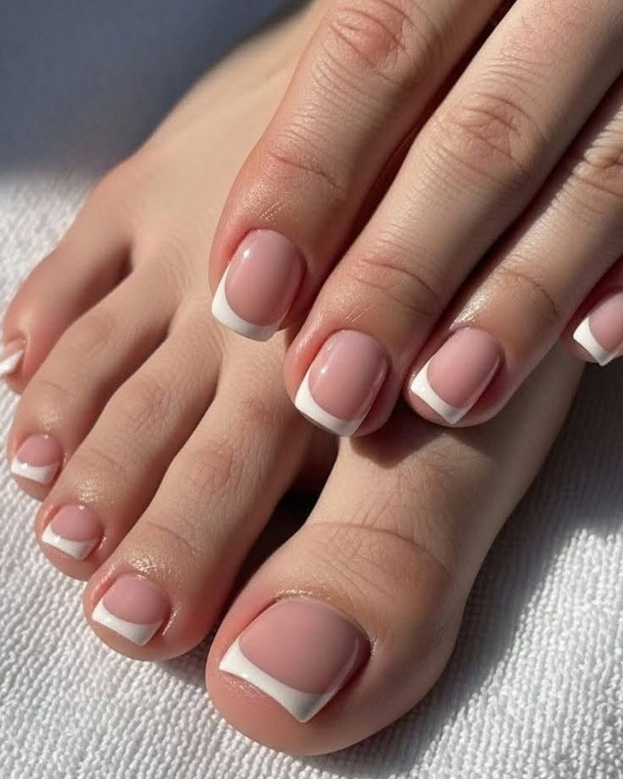 Classic white-tip French pedicure on short, squared toenails