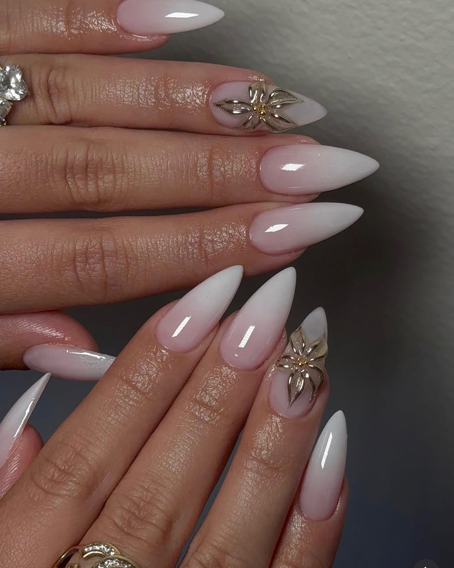 Milky nude stiletto set with a crystal flower accent nail