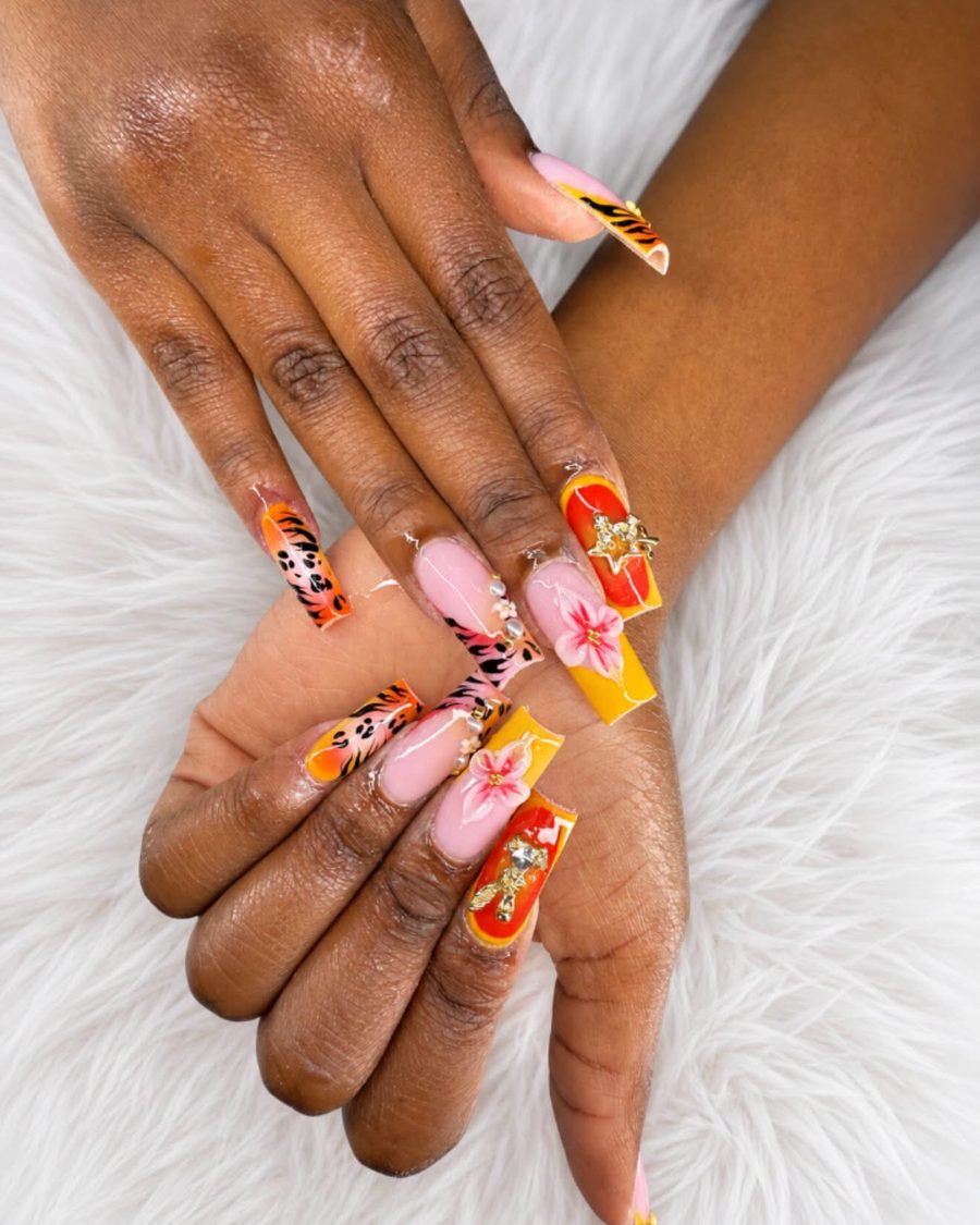 Long coffin set in orange and yellow with tiger stripes, 3D flowers and gem accents